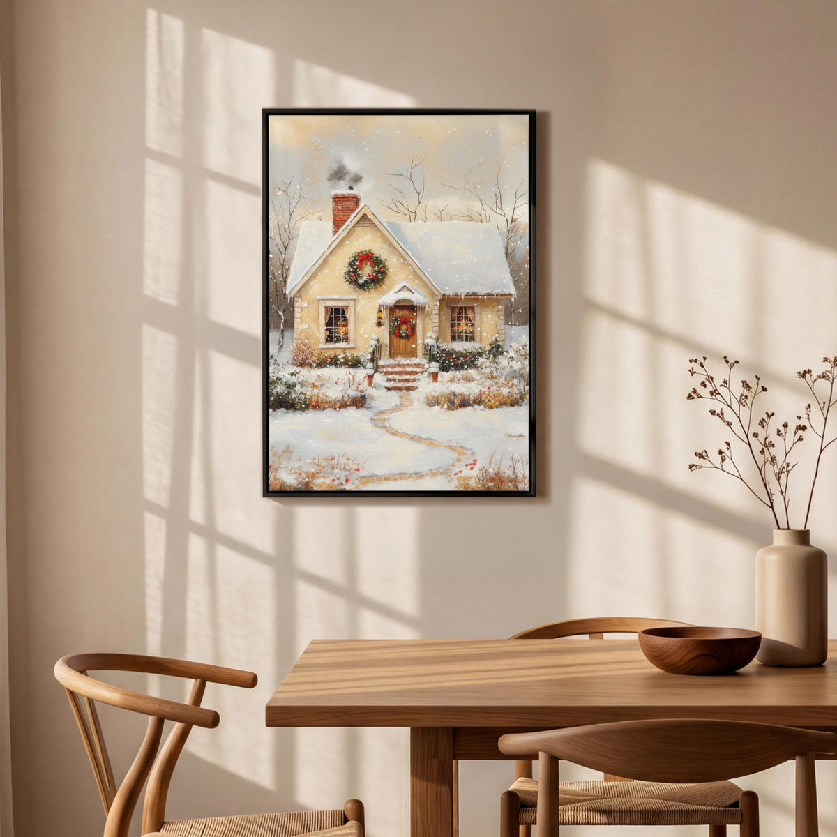 LEINWAND Bilder mit Rahmen - Weihnachten - Zuhause - Winter - Schnee - 60x90 - Creme, Textil (60/90cm) - MuchoWow