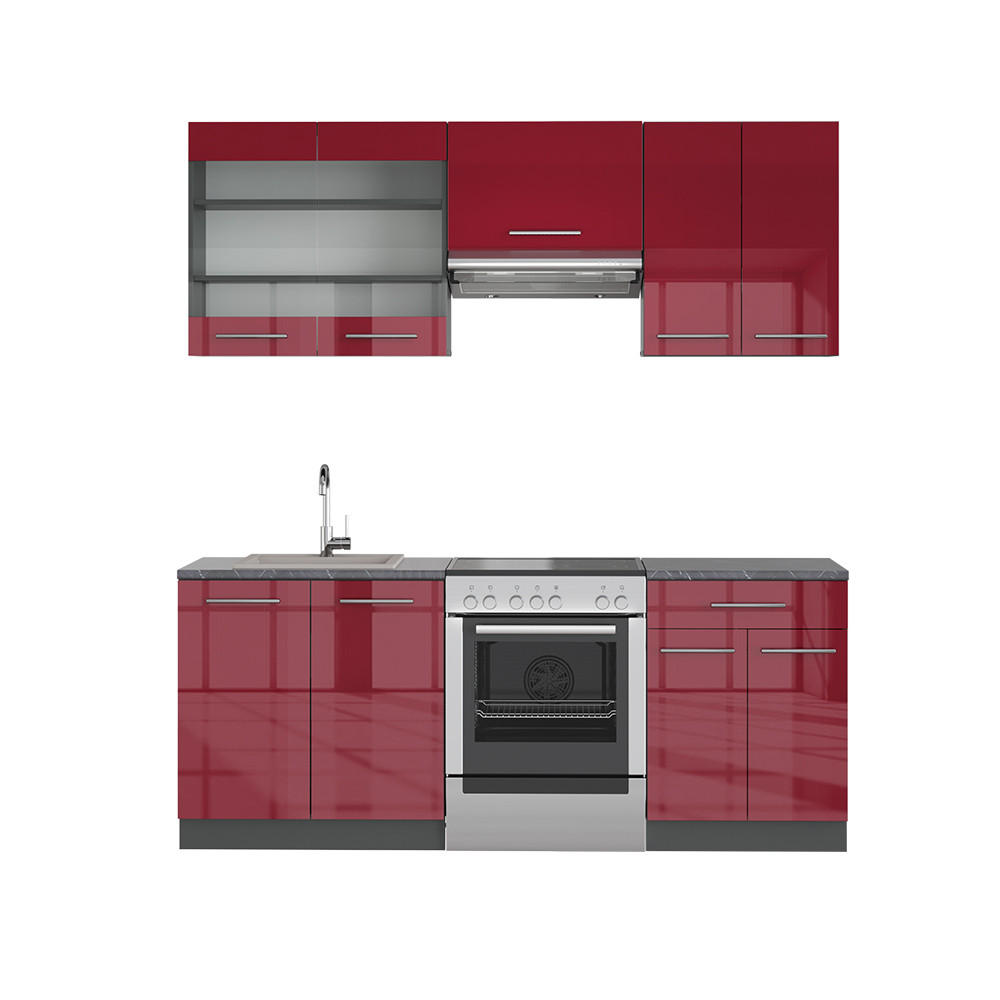 KÜCHENZEILE Fame-Line Bordeaux Hochglanz/Anthrazit 200 cm ohne AP - Bordeaux/Anthrazit, Holzwerkstoff (200/81.6/46cm) - Vicco
