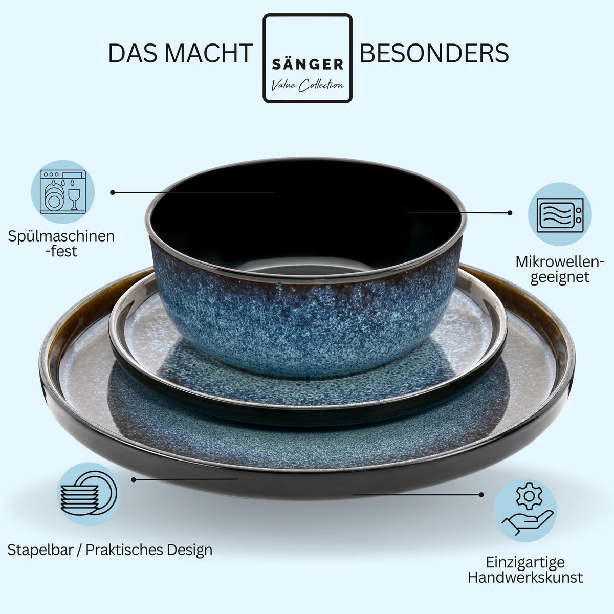 KOMBISERVICE OSAKA - 30 teilig aus Steingut - Blau, Stein (27/10.4/27cm) - Sänger