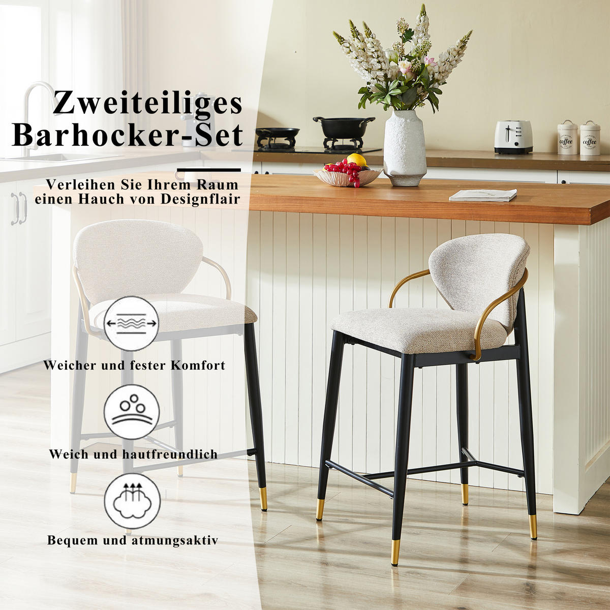 BARHOCKER 2er-Set mit Höhenverstellung, Rückenlehne und Beinstütze Chenille Braun - Braun, Textil (50/87/57cm) - MIVRAY