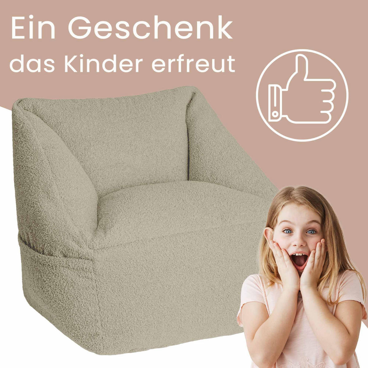 SITZSACK-SESSEL Bambino 55/60/55 cm, weicher Bouclé 315 g/m², mit Griff & Seitentasche, Beige - Beige, Textil (55/55/60cm) - Dreamroots