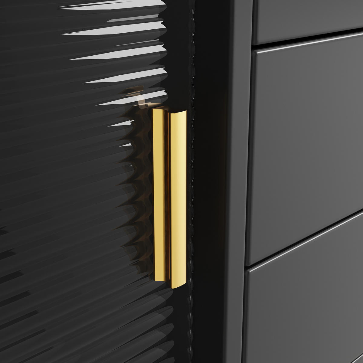 HIGHBOARD in Schwarz Küchenschrank mit LED Beleuchtung und App Steuerung, Schublade und Lochwand , B145/T39/H171cm - Goldfarben/Schwarz, Glas/Holzwerkstoff (144.9/171/39cm) - STILVORA