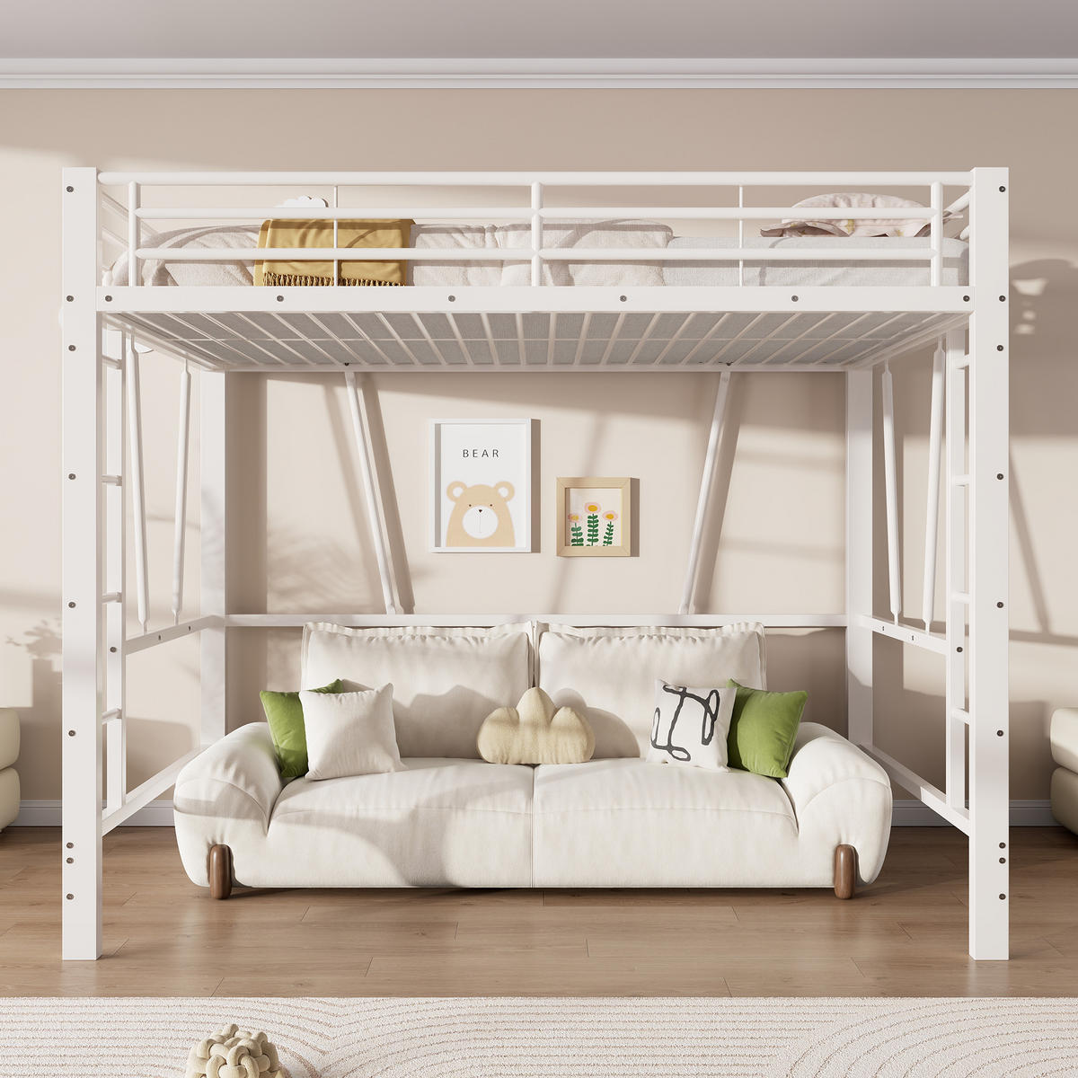 HOCHBETT 140/200 cm in Weiß mit Doppelleiter, Schutzgeländer und offenem Raum unter dem Bett aus Metall - Weiß, Metall (140/200cm) - STILVORA