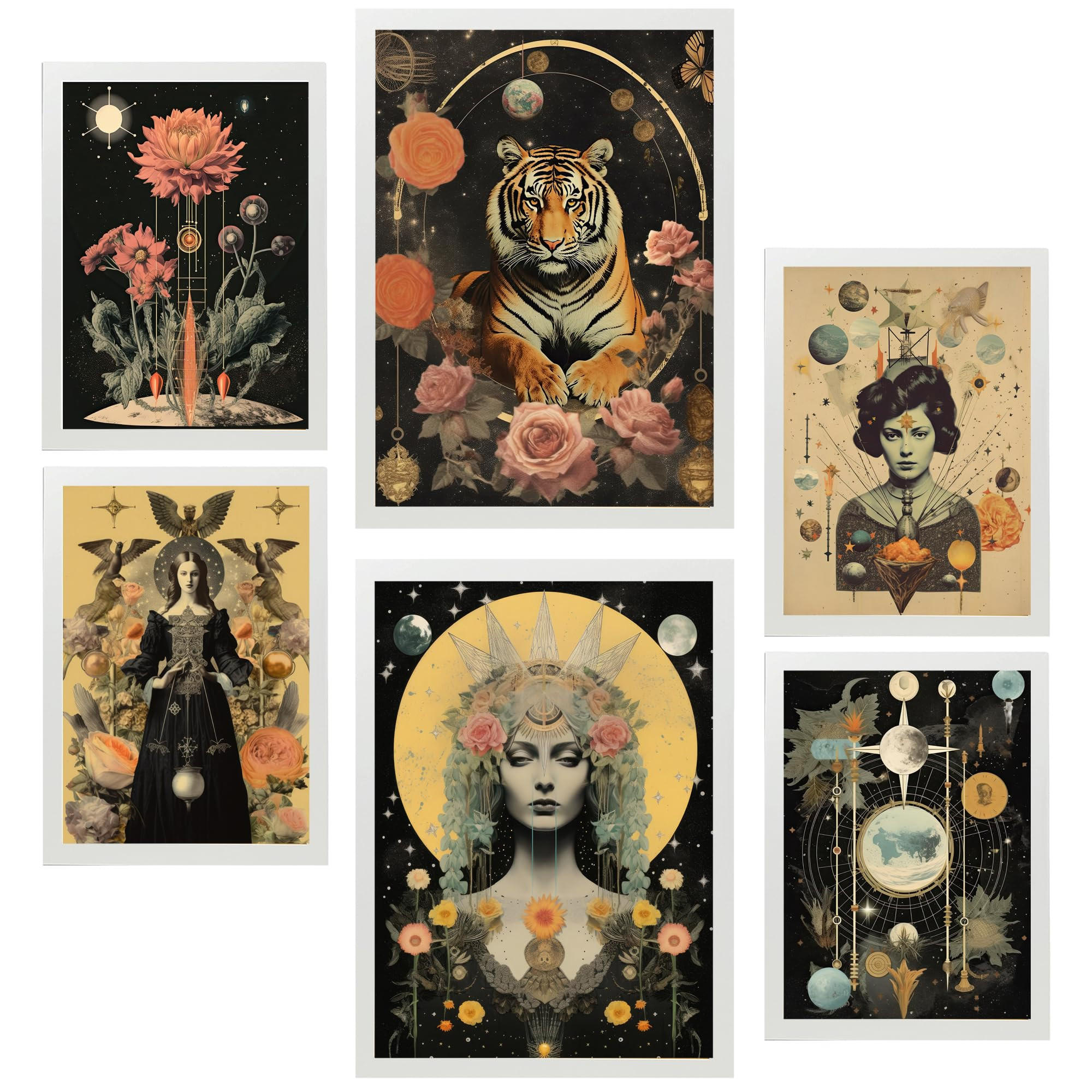 POSTER Set Mit 6 Mystischen Esoterischen Schwarzbeige A3 & A4 Weißer Rahmen - Weiß, Papier (29/3cm) - Nacnic