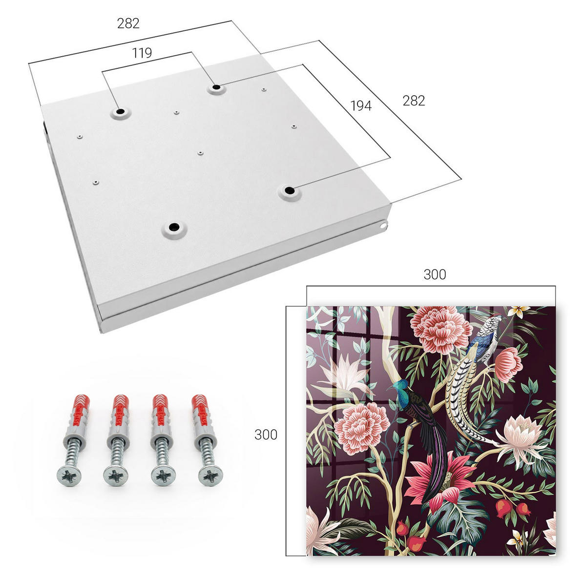 SCHLÜSSELBOX Weiß 30x30 cm – Türöffnung nach rechts - Blumen und Vögel - Pink, Metall (30/30/5cm) - TULUP