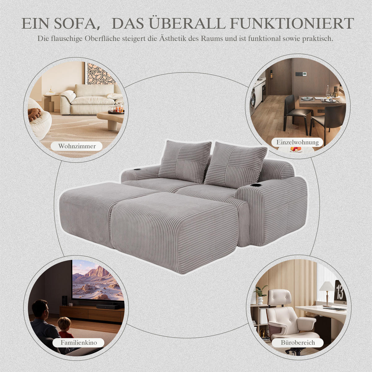 MODULARES 2-Sitzer Sofa Cord mit Getränkehalter und Seitentasche 200/174/80 cm Hellgrau - Hellgrau, Textil (174/80/200cm) - Redom