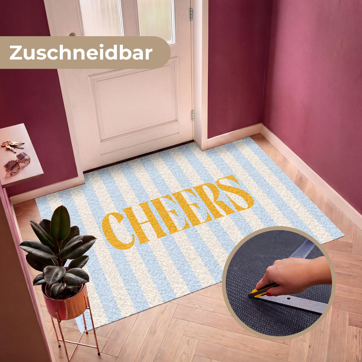 FUSSMATTE Orange – Blau – Streifen – Cheers 180x120 cm - Hellblau, Kunststoff (180/0.4cm) - MuchoWow