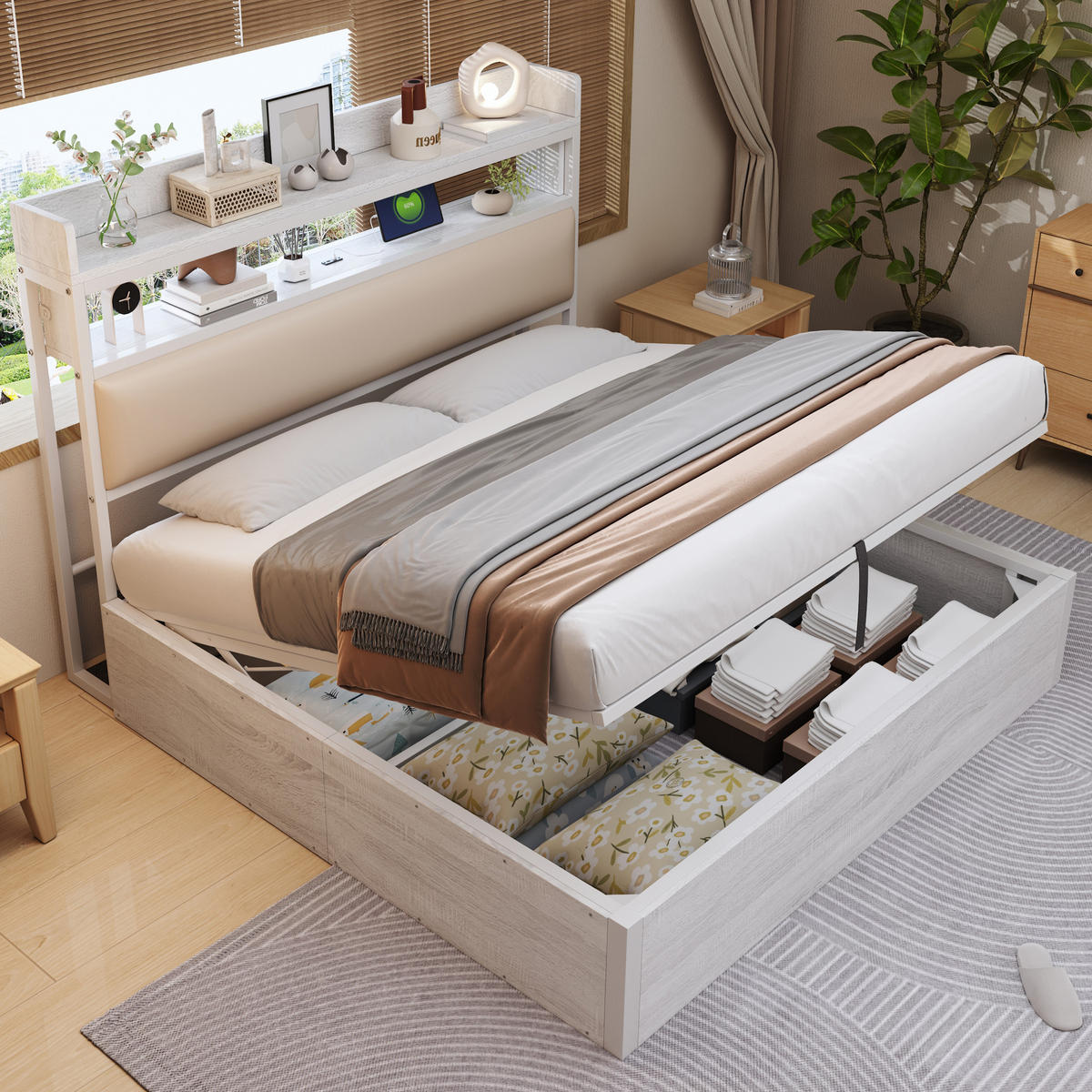 BETT 180/200 cm mit Stauraum und USB-Anschlüssen im Vintage-Design - Weiß, Metall (180/200cm) - OKWISH