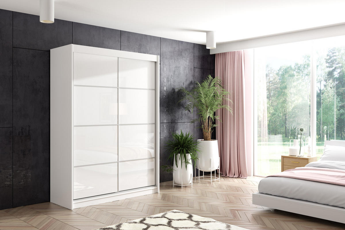 KLEIDERSCHRANK mit Lacobel-Schiebetüren und Aluminium-Leisten, LED-Beleuchtung - VIVONA - 150 cm Weiß - Weiß, Holzwerkstoff (150/216/61cm) - ALTDECOR