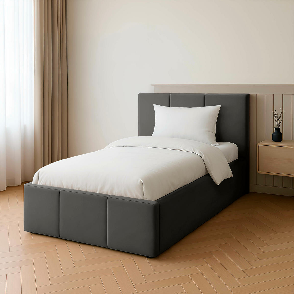 POLSTERBETT für Schlafzimmer Bett mit Stauraum Graphit 90x200cm Kopfteil 110cm - Graphitfarben, Holzwerkstoff/Metall (90/200cm) - Muralo