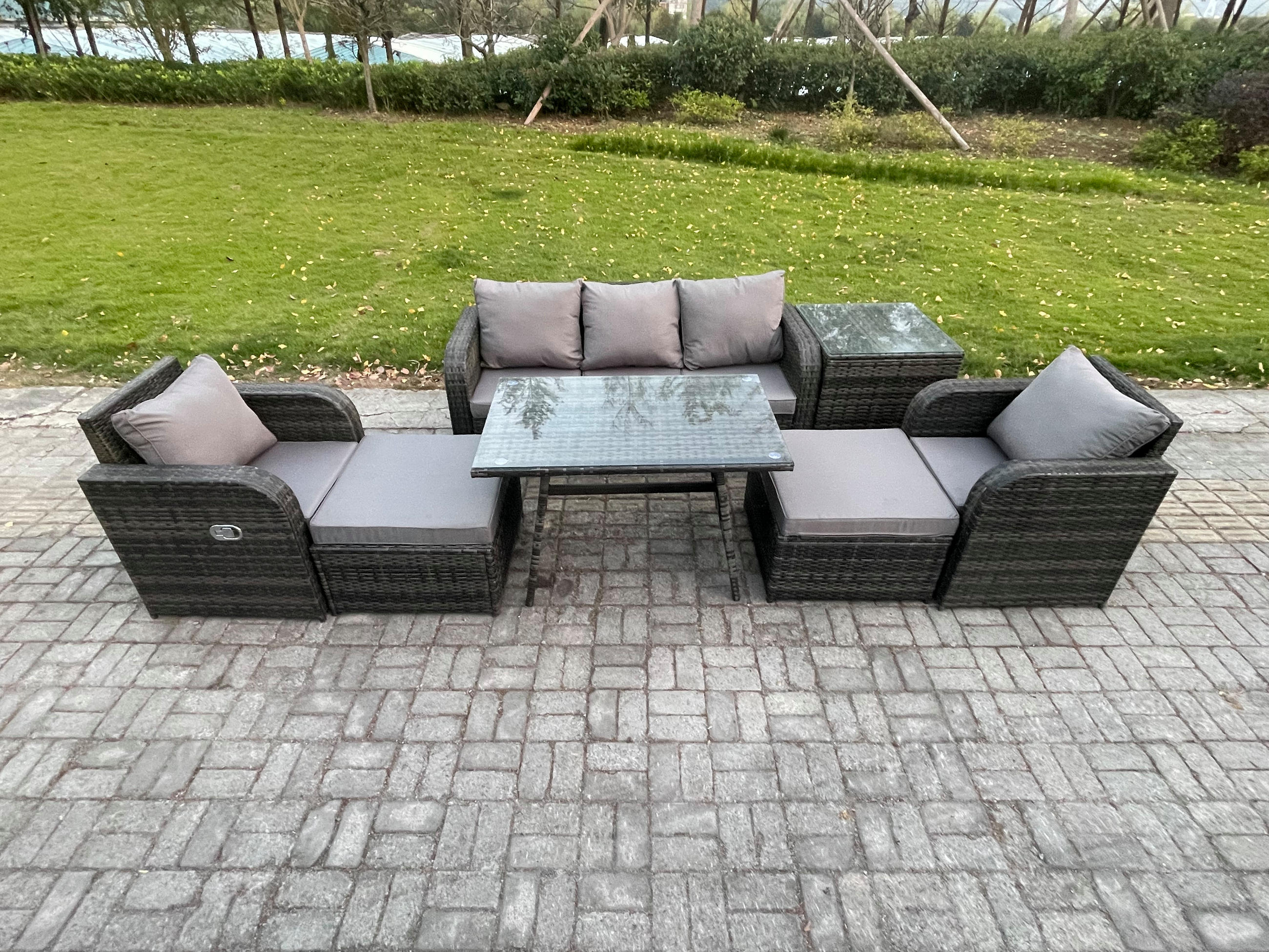 GARTENMÖBEL SET mit COUCHTISCH Polyrattan Dunkelgrau 6-Sitzer - Dunkelgrau/Grau, Glas/Kunststoff - Fimous