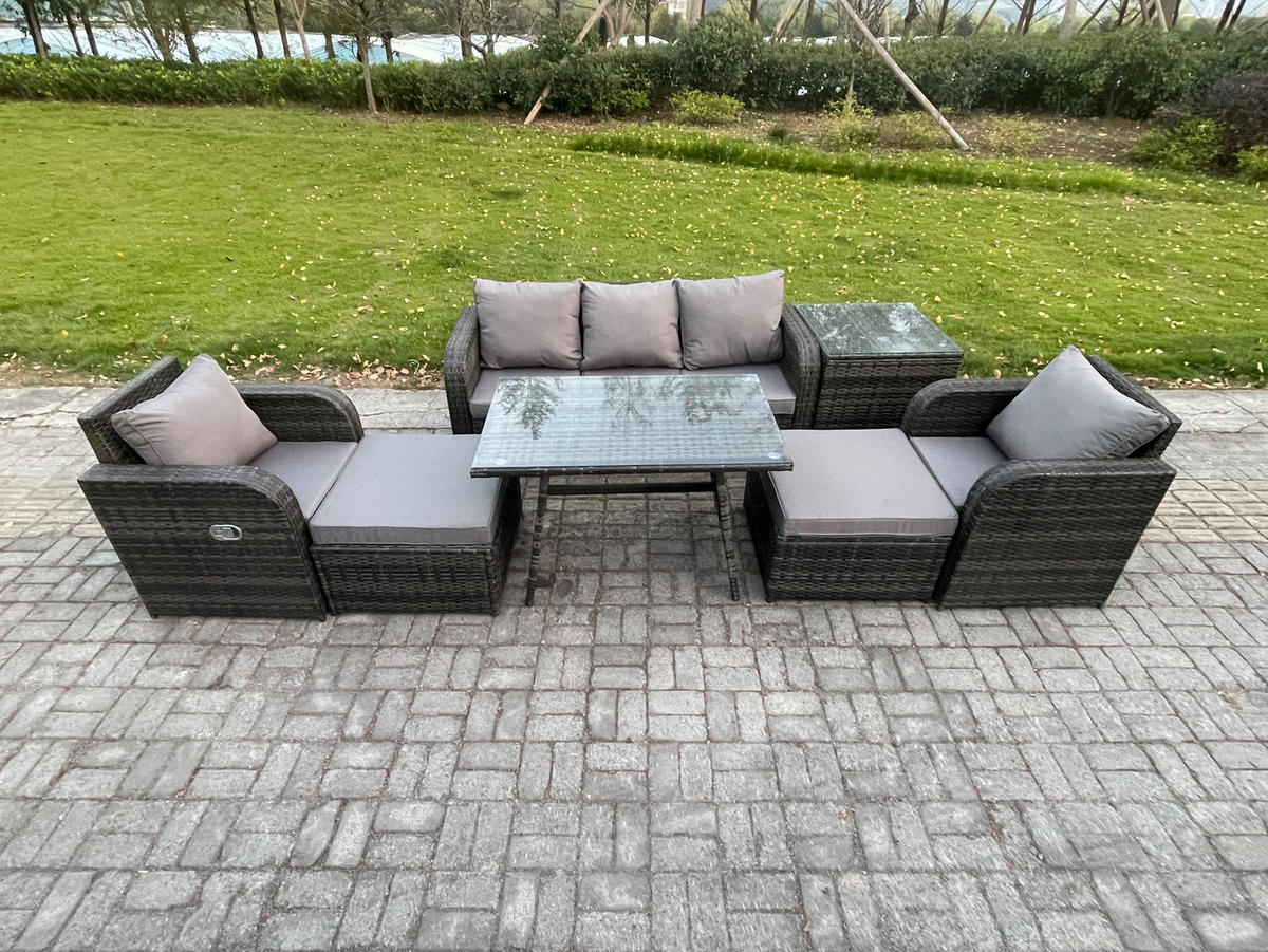GARTENMÖBEL SET mit COUCHTISCH Polyrattan Dunkelgrau 6-Sitzer - Dunkelgrau/Grau, Glas/Kunststoff - Fimous
