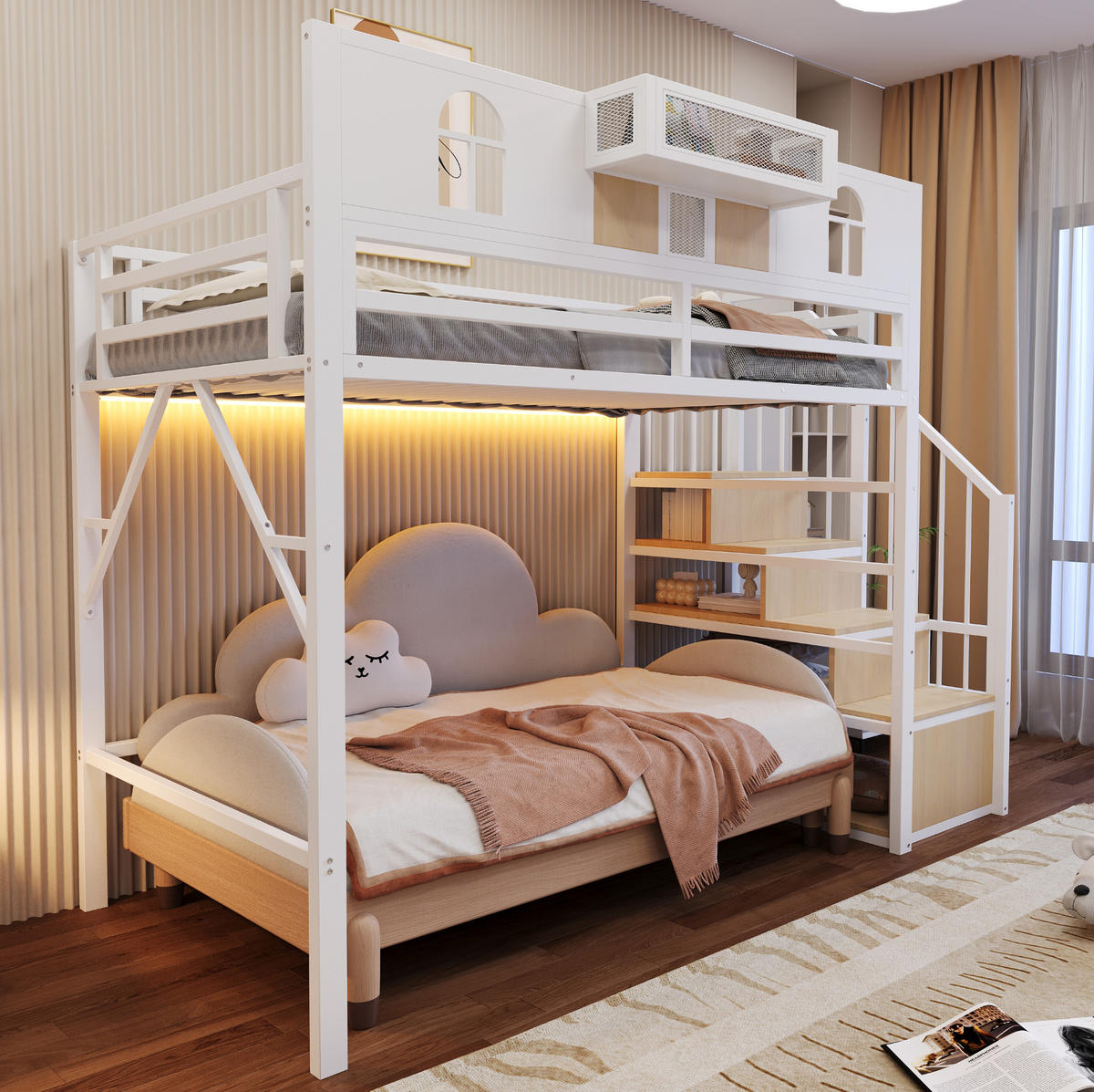 HOCHBETT 90/200 cm aus Metall mit Lichtleiste, Stauraumleiter, Weiß - Weiß, Metall (90/200cm) - OKMYHOME