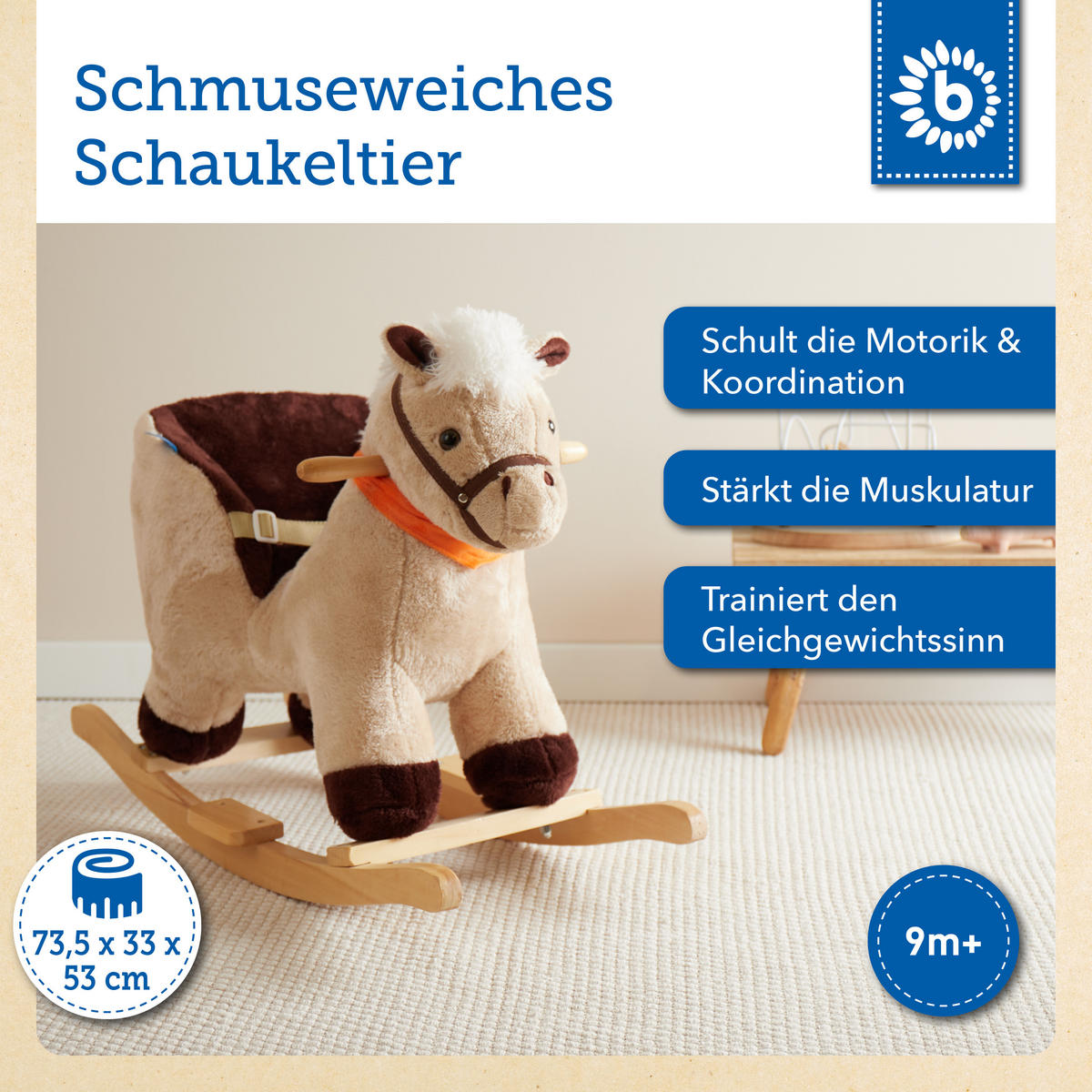SCHAUKELTIER Plüsch Schaukelpferd - Hellbraun/Dunkelbraun, Textil (73/53/33cm) - Bieco Spielwaren