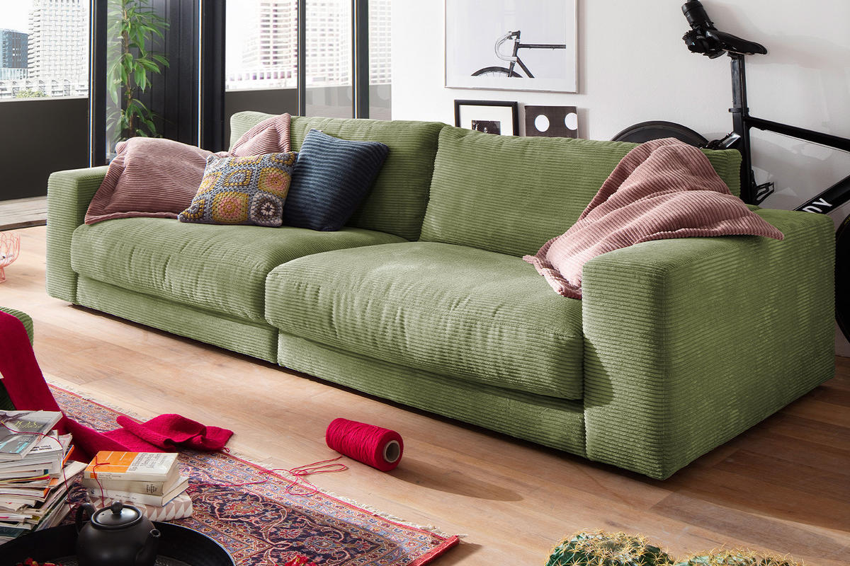 SOFA 3-SITZER MADELINE Grün Cord - Schwarz/Grün, Textil (290/85/127cm) - KAWOLA