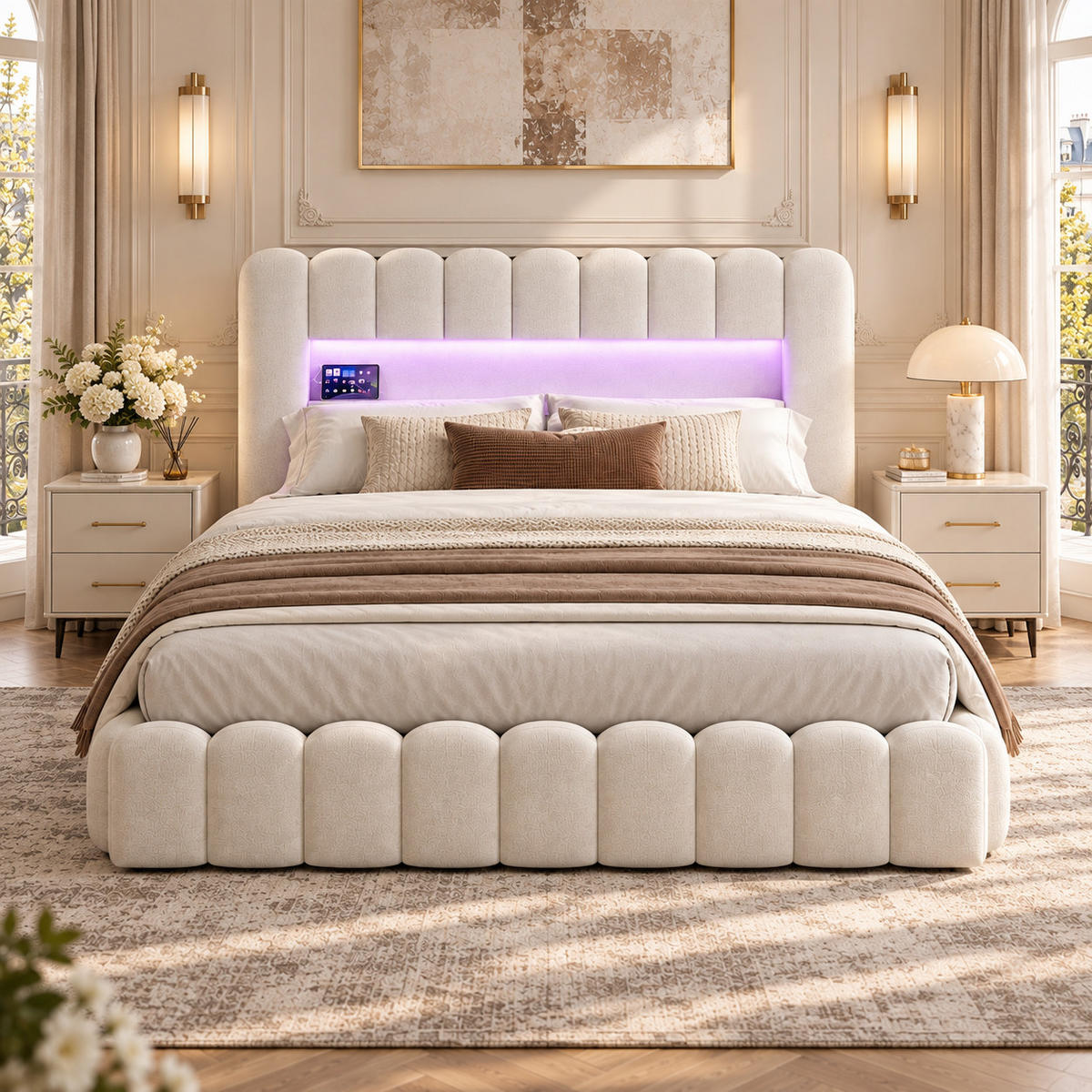 POLSTERBETT 160/200 cm mit LED-Kopfteil und hydraulischem Stauraum, modernes Schlafzimmerbett - Beige, Holz/Metall (160/200cm) - Joyfair