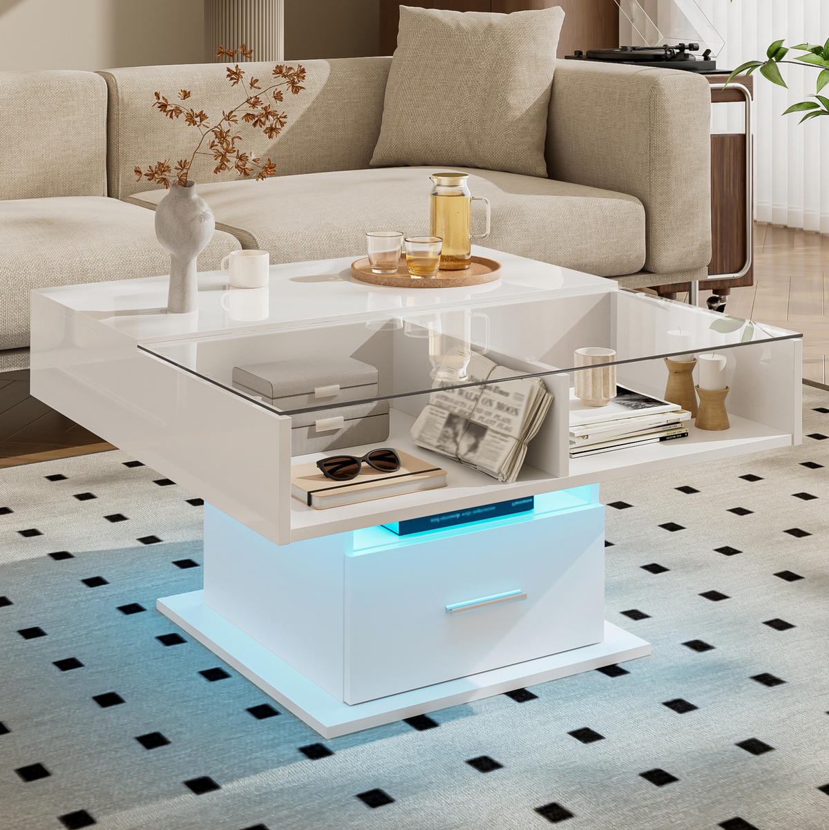 COUCHTISCH 78/78 cm höhenverstellbar mit LED-Beleuchtung und Stauraum - Weiß, Holzwerkstoff (78/78/59.5cm) - BEAOK