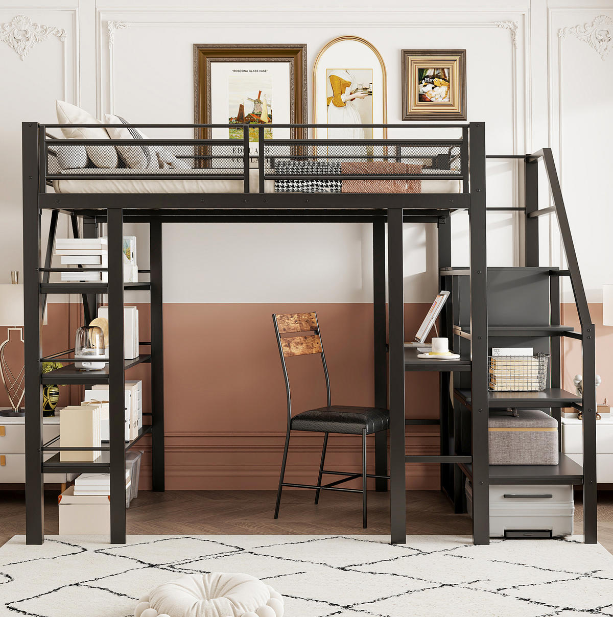 HOCHBETT mit Schreibtisch 140/200 cm in Schwarz – mit Stauraum, Schrank und Treppe - Schwarz, Metall (140/200cm) - BEAOK