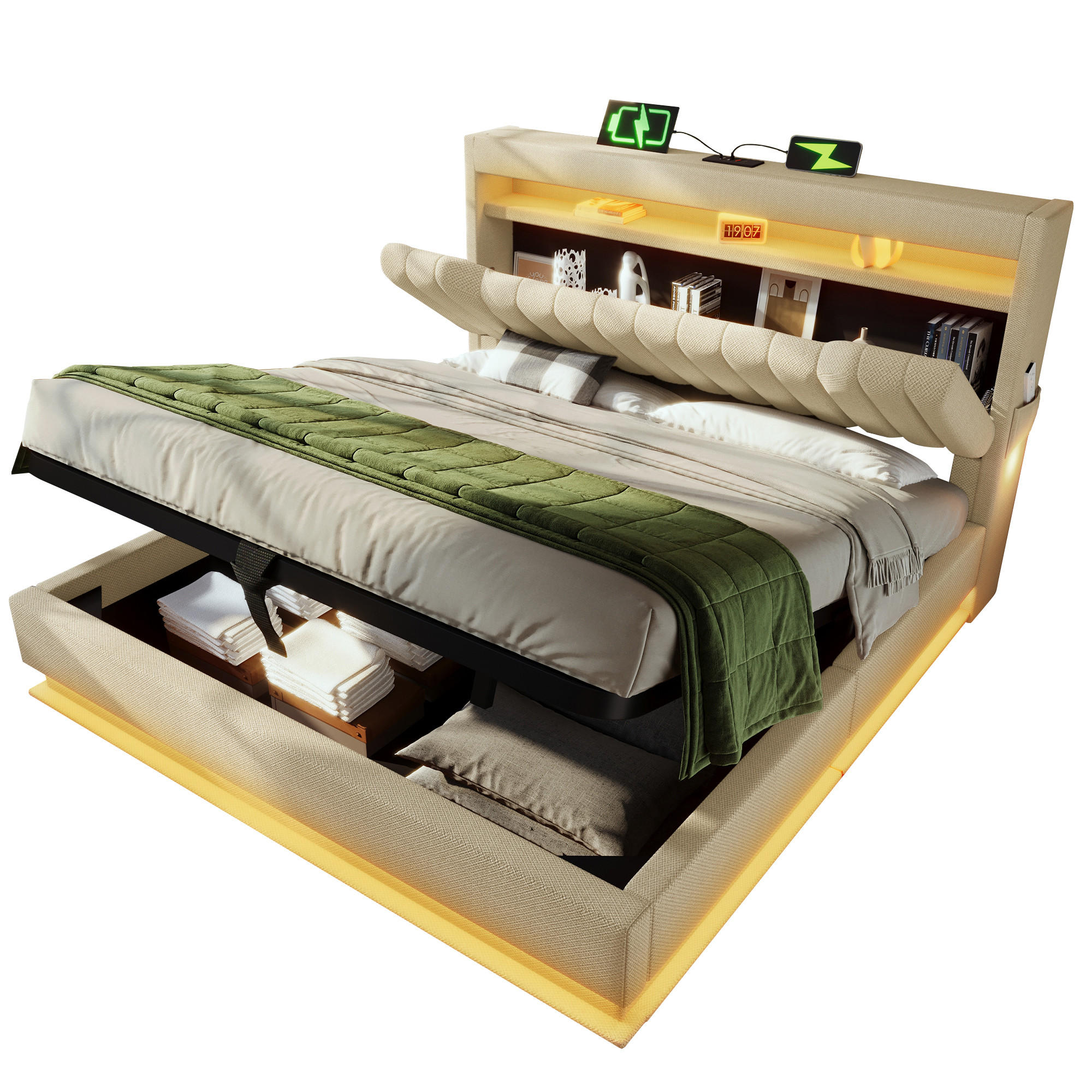 POLSTERBETT 140/200 cm Beige mit Stauraum und LED-Beleuchtung - Beige, Textil (140/200cm) - OKWISH