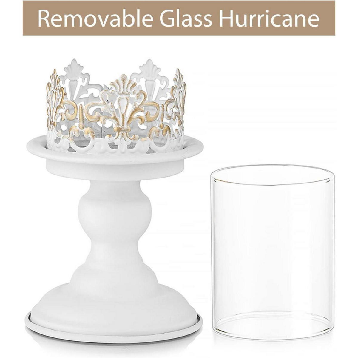 KERZENSTÄNDER 2-teiliges Set Weiß Antik Metall mit Glas-Hurrikan - Weiß, Metall (11.5/20.5/11.5cm)