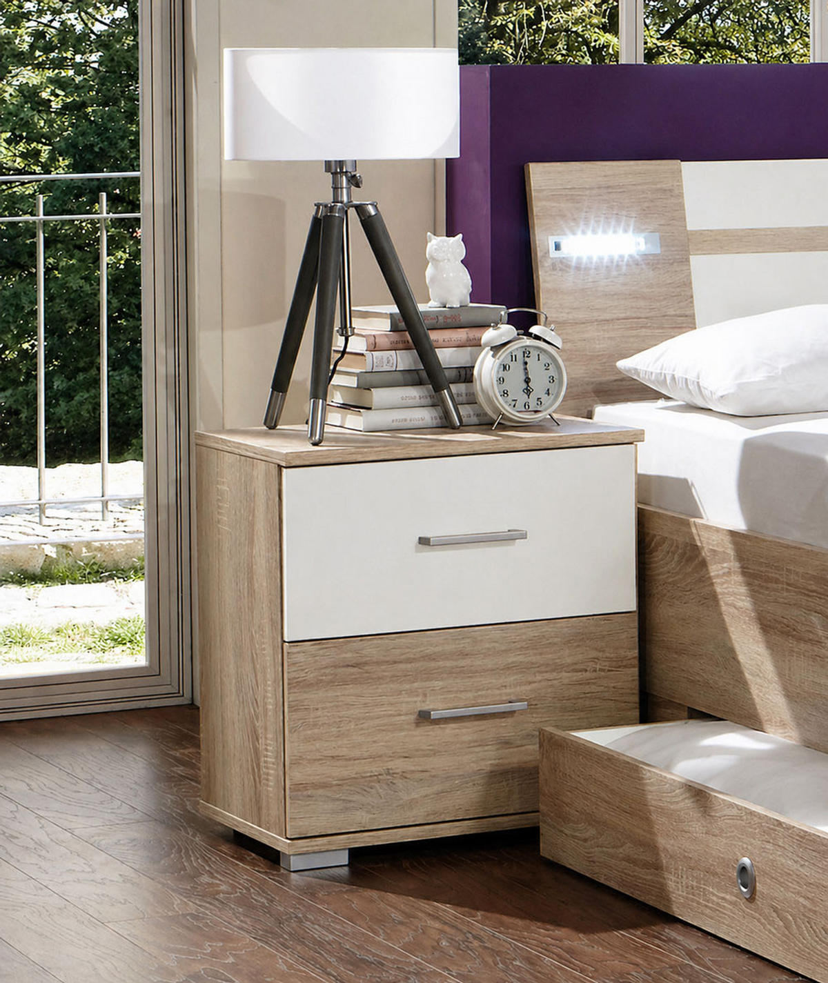NACHTKONSOLE Modest Eiche Sägerau / weiß 52 / 38 / 40cm - Eichefarben/Weiß, Holz/Holzwerkstoff (52/40/38cm) - Wimex