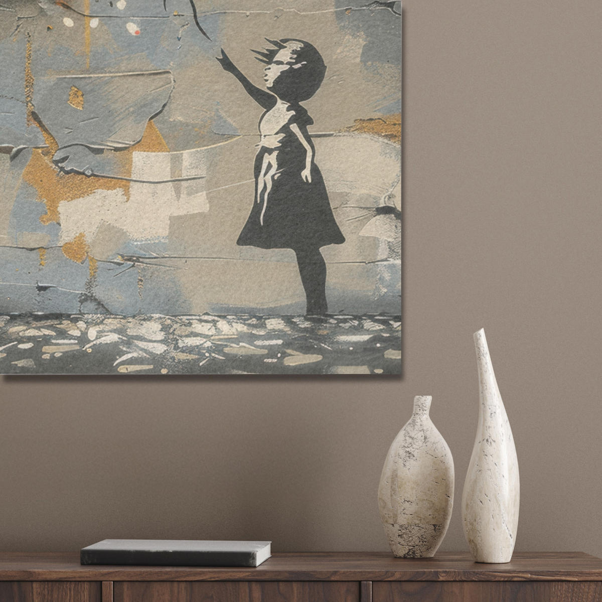 AKUSTIKBILD Baum - Graffiti - Banksy-Stil - Ballon-Mädchen Akustikpaneele 80x80 cm - Blaugrau, Kunststoff (80/80/0.9cm) - MuchoWow