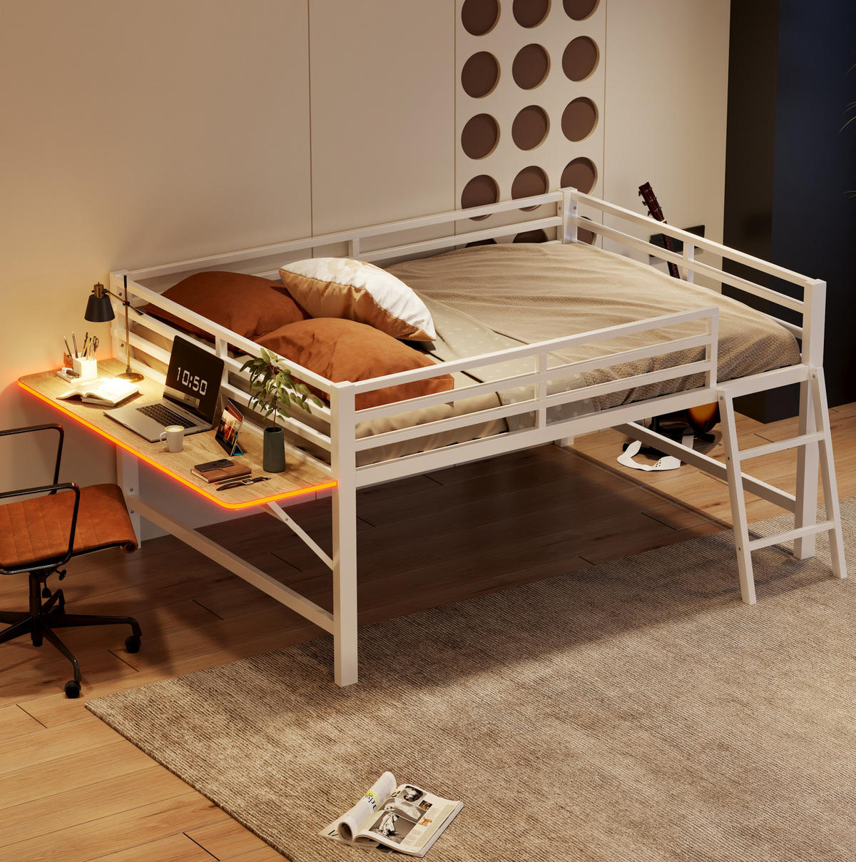 HOCHBETT 140/200 cm Weiß mit Leiter, Schreibtisch und LED ohne Matratze - Weiß, Metall (140/200cm) - MIVRAY