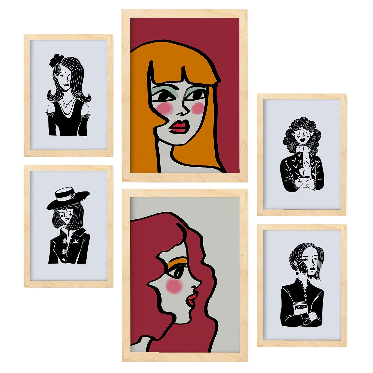 POSTER Set Mit 6 Sate Beauty In Weibliche Zusammenfassung A3 & A4 Rahmen Aus Hellem Holz - Beige, Papier (29/3cm) - Nacnic