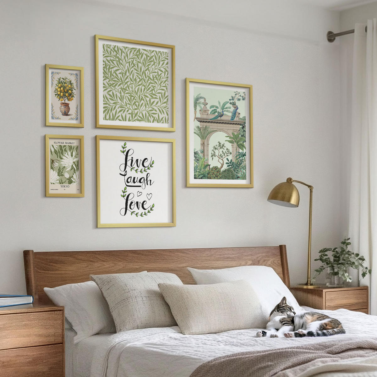 WANDBILDER 5er Set - 50x50 cm & 20x30 cm & 40x60 cm Goldrahmen - Grüne Blätter exotischer Pflanzen - Goldfarben, Kunststoff (40/60cm) - ArtPrintCave