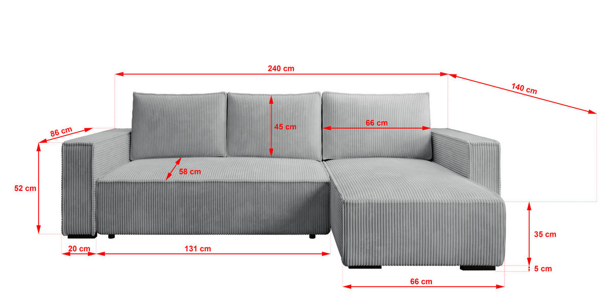 ECKSOFA CUDDY L, Eckcouch in L-Form mit Schlaffunktion und Bettkasten, Farbe: Grau, Cordstoff, Ottomane Rechts - Grau, Textil (240/140cm) - Storez24