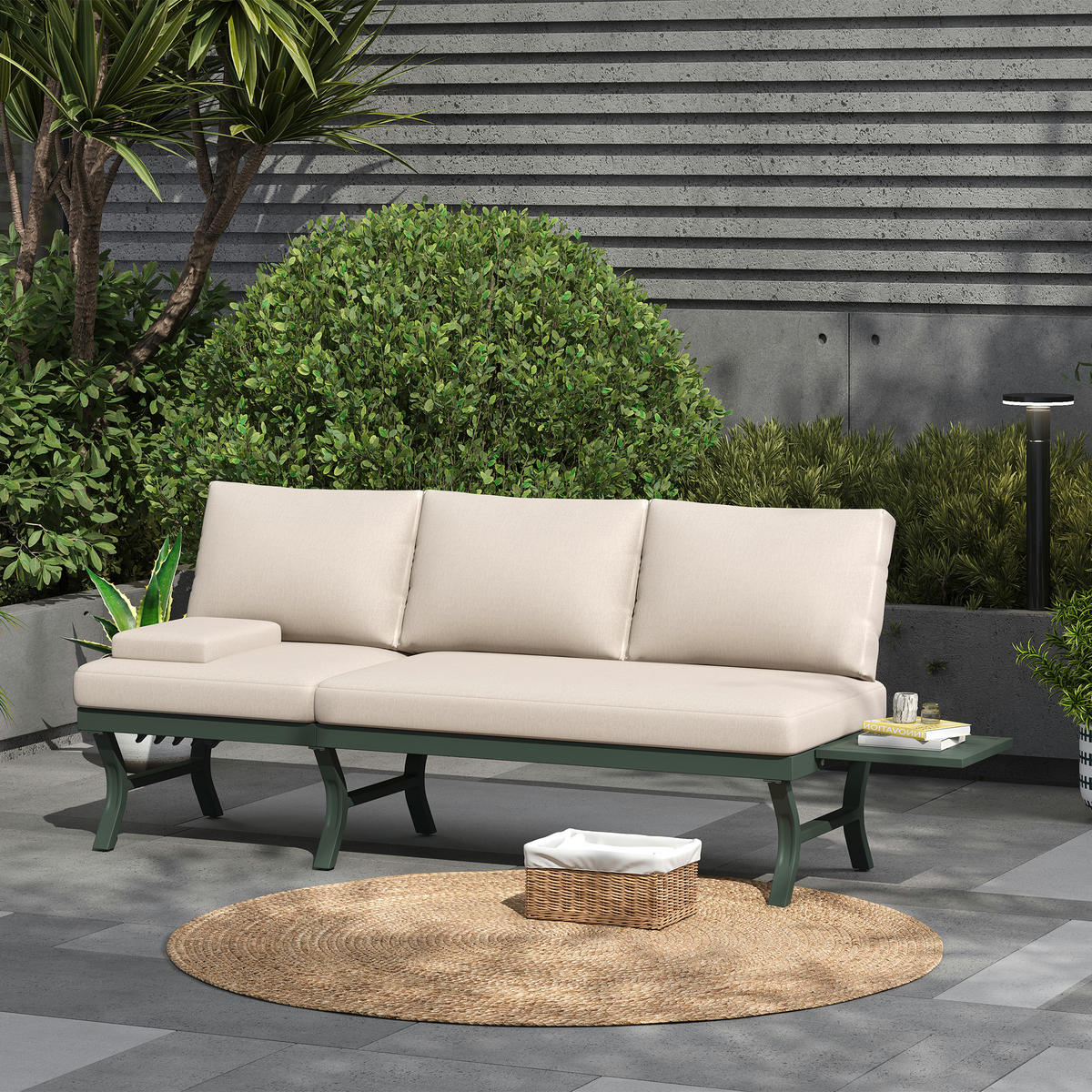 GARTENMÖBEL-SET 3-Sitzer Sofa Verstellbar Tisch Stahl Grün - Grün, Textil - FLIEKS