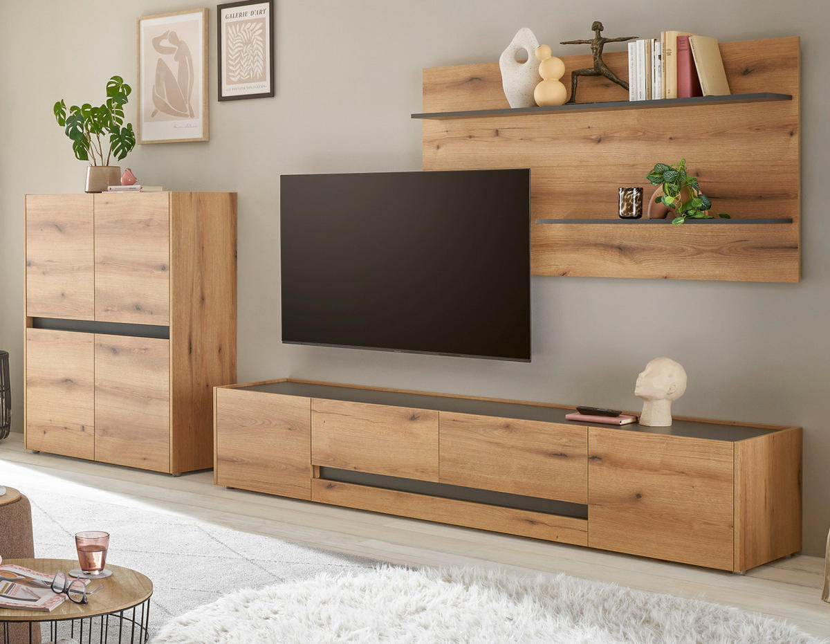 WOHNWAND Evoke Eiche, grau, Wohnkombination Set 3-teilig, 343 cm - Eichefarben/Schwarz, Holz/Holzwerkstoff (360/180/45cm) - Furn.Design