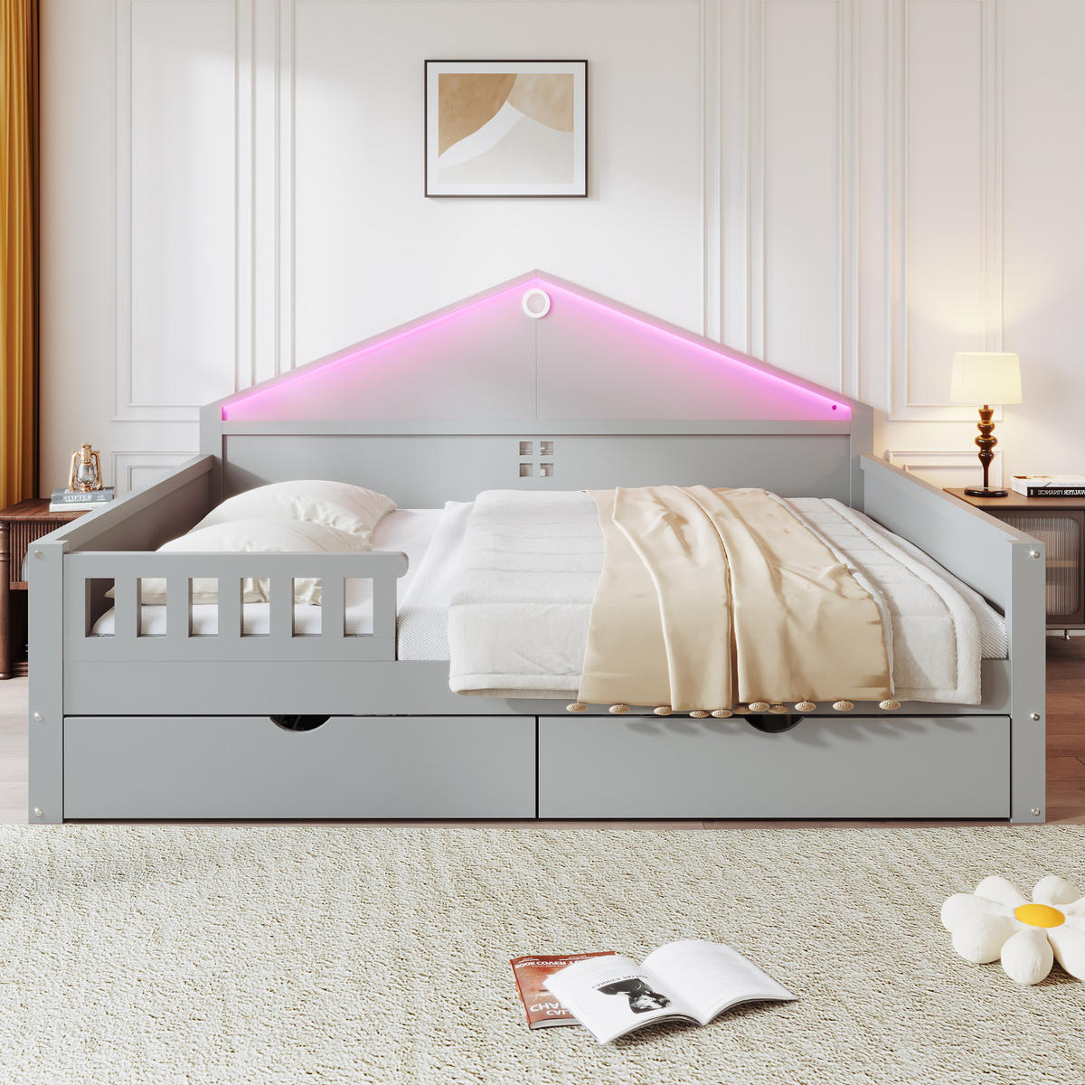 BETT 140/200 cm in Grau aus Massivholz und MDF mit Schubladen und LED - Grau, Holz/Holzwerkstoff (140/200cm) - WISHDOR