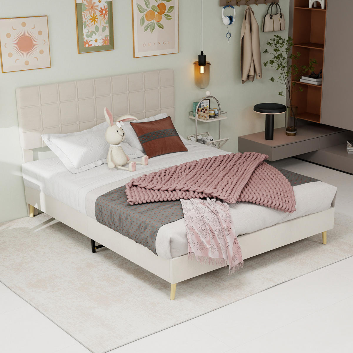 POLSTERBETT 160/200 cm in Beige Samt - Beige, Holzwerkstoff/Textil (160/200cm) - WISHDOR