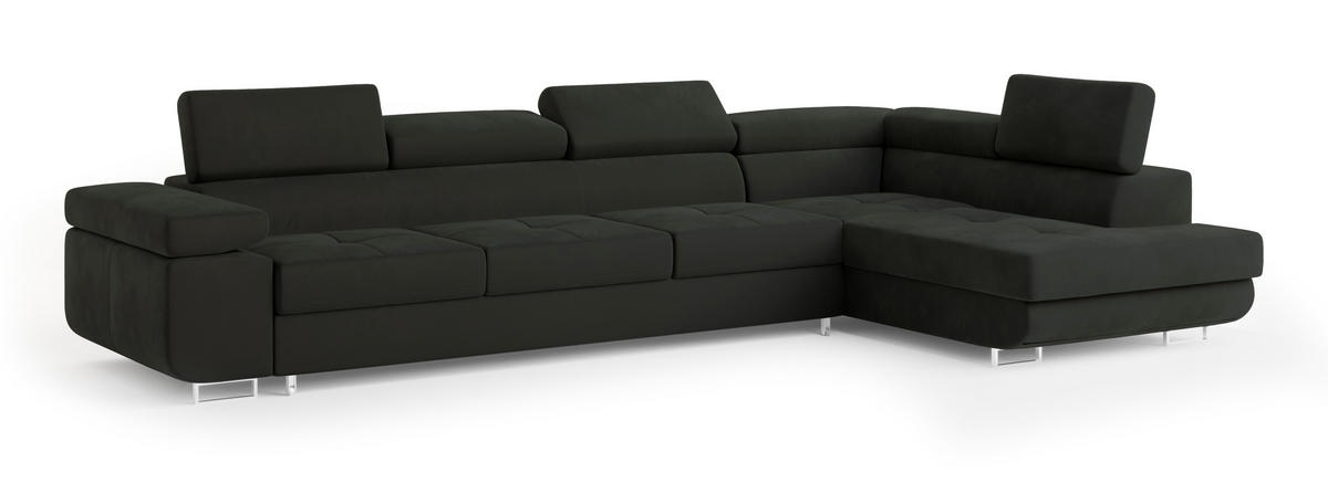 ECKSOFA VICENTE Schwarz Velours-Stoff mit Schlaffunktion - Schwarz, Holz (346/202cm) - MASSENO