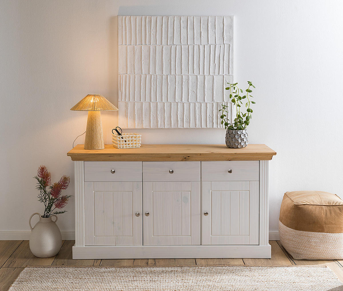 MASSIVES SIDEBOARD - Kiefer Weiß / Kiefer - Silberfarben/Weiß, Holz/Metall (145/78/47cm) - home24