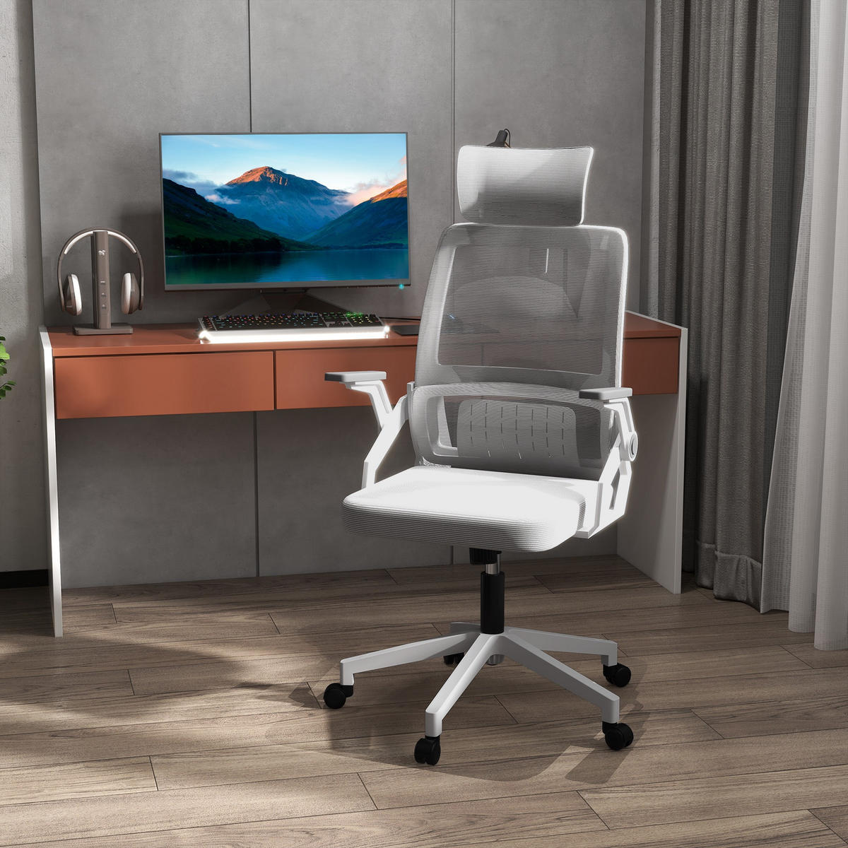 BÜROSTUHL Ergonomisch, Schreibtischstuhl mit Verstellbar Kopfstütze Mesh, Grau - Grau, Textil (61/121.5/60cm) - Vinsetto