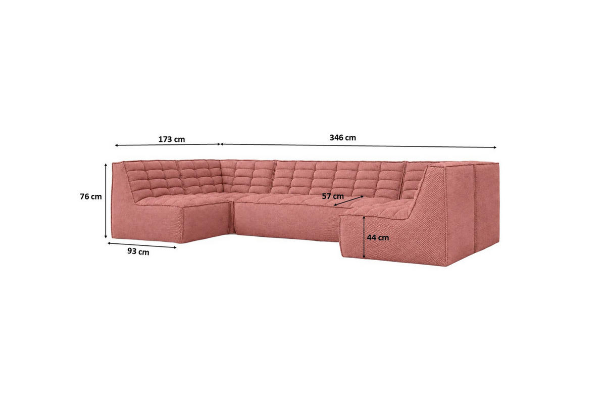 ROHOVÁ SEDAČKA modulární ve tvaru U, plyšová tkanina Pop, Růžová, LAZY U - růžová, dřevo (346/76/173cm) - Kaiser Möbel