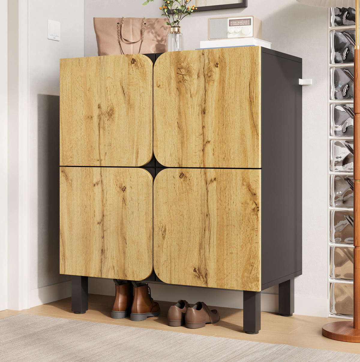 SCHUHSCHRANK mit 4 Türen 80 x 38,5 x 95 cm MDF Black/Natural - Braun, Holz (38.5/95/80cm) - Beauniv