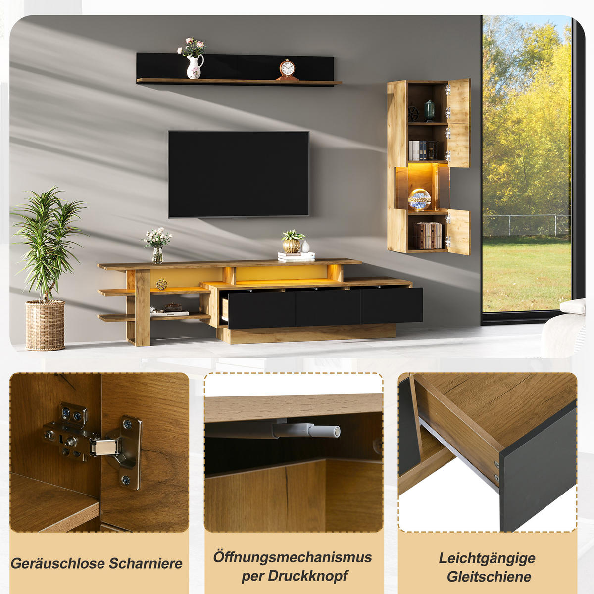 TV-ELEMENT 180/40/45 cm Natur + Schwarz mit LED Beleuchtung und 3 Schublade (3 Stück) - Schwarz, Holz (180/45/40cm) - Oxeza
