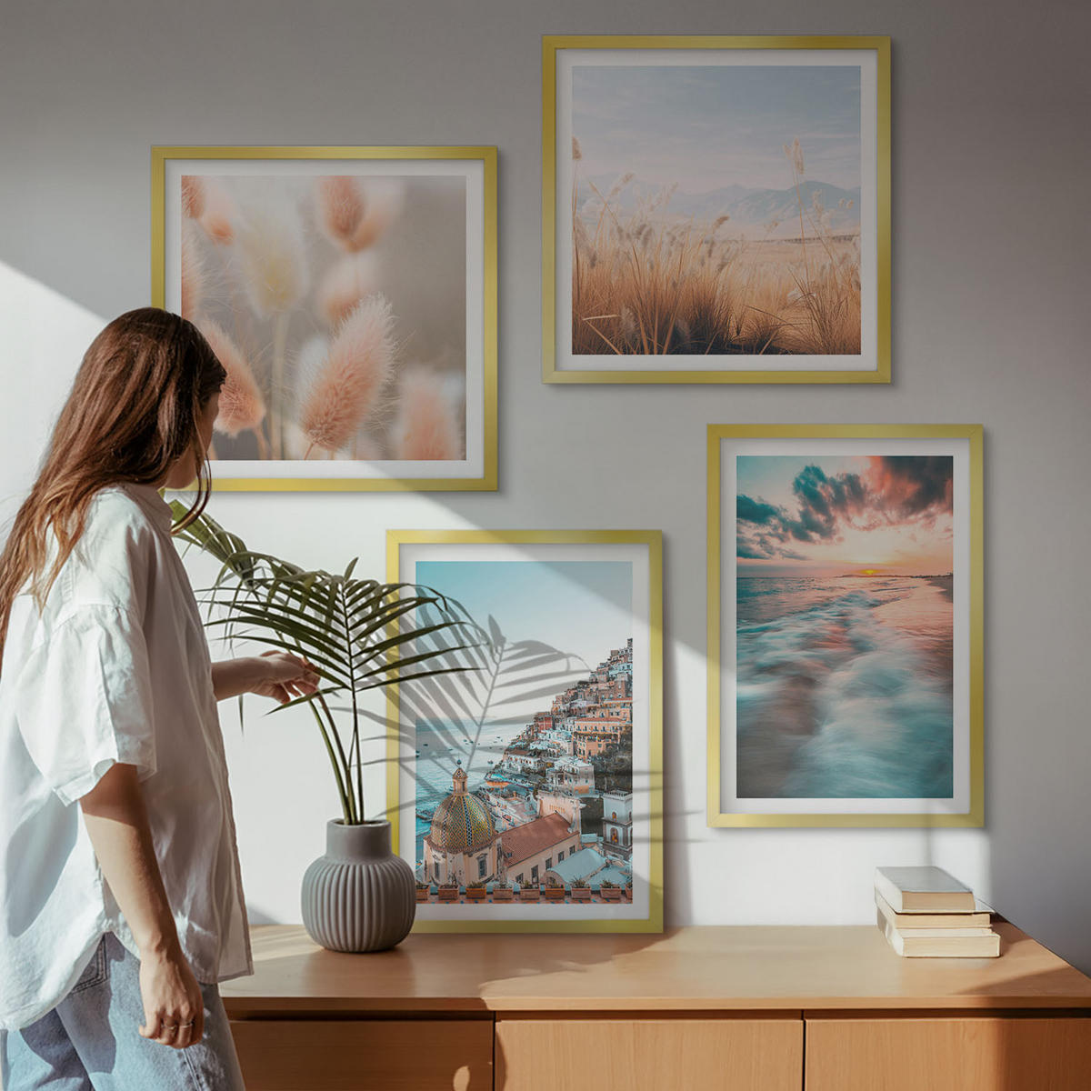 BILDER SET 4er Set - 50x50 cm & 40x60 cm Goldrahmen - Sonnenuntergang am Meer, Häuser, Blumen - Goldfarben, Kunststoff (50/50cm) - TULUP
