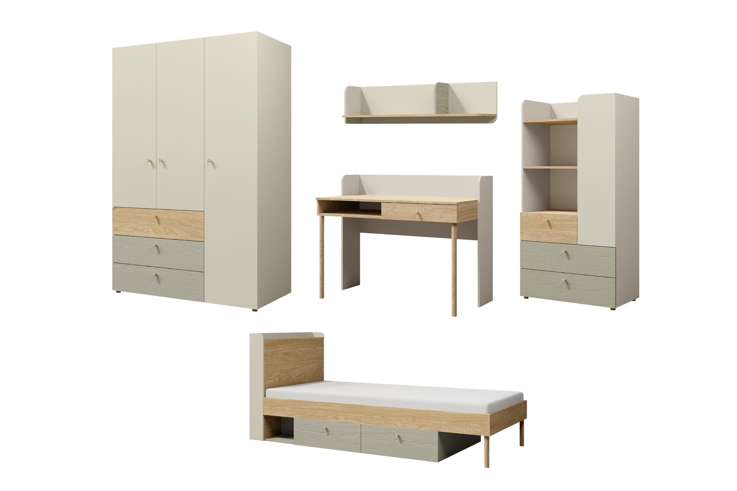 JUGENDZIMMER-SET YOGI A 5-teilig in Graubeige / Geölte Eiche / Eukalyptus - Greige/Eichefarben, Holzwerkstoff (417/185/217cm) - Deine Möbel 24