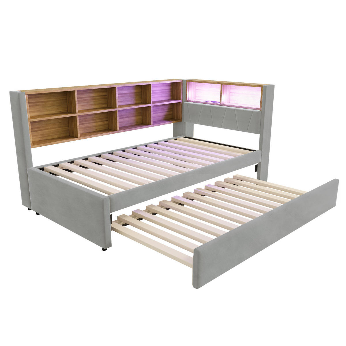 SCHLAFSOFA 90/200 cm mit Ausziehbett, LED, USB- und Type-C-Anschluss, Flanell, Hellgrau - Hellgrau, Textil (103/98/213cm) - Redom