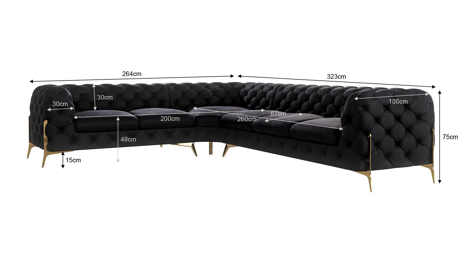 ECKSOFA Chesterfield Lexi Schwarz Samt, langer Schenkel rechts - Goldfarben/Schwarz, Holz/Textil (323/264cm) - S-Style Möbel