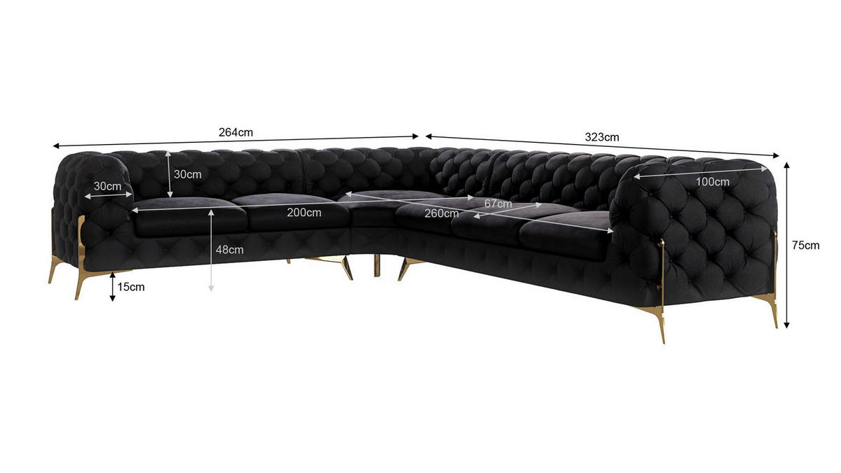 ECKSOFA Chesterfield Lexi Schwarz Samt, langer Schenkel rechts - Goldfarben/Schwarz, Holz/Textil (323/264cm) - S-Style Möbel