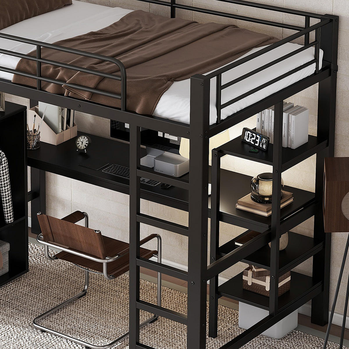 HOCHBETT aus Metall und MDF 90x200 cm Schwarz mit Schreibtisch, Kleiderschrank und Regalen - Schwarz, Metall (90/200cm) - IVMEU