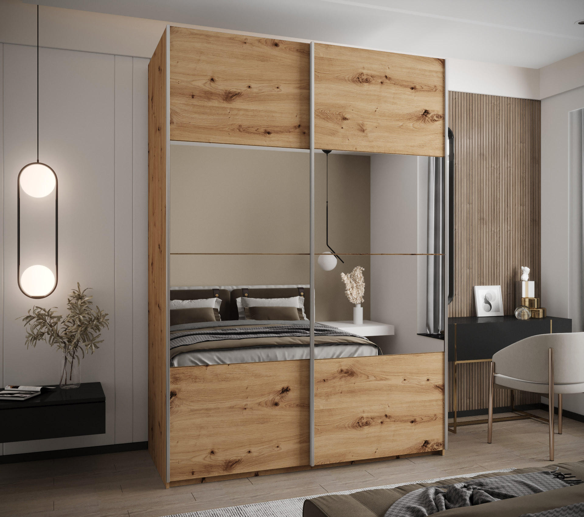 SCHWEBETÜRENSCHRANK 245,5/180/64 2-türig - Silberfarben/Eiche Artisan, Holz/Metall (180/245/64cm) - Abiks Möbel