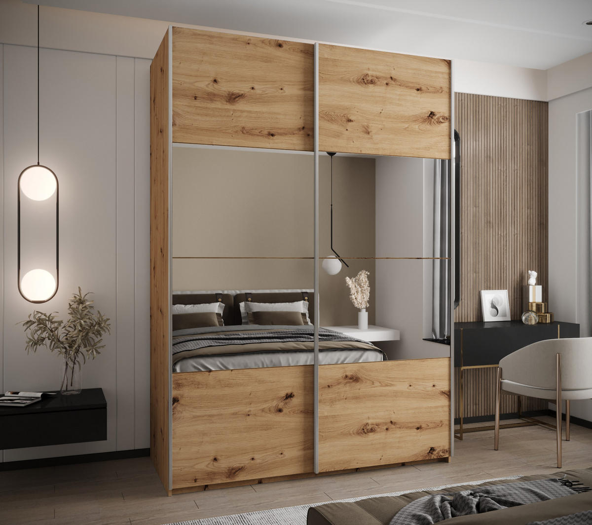 SCHWEBETÜRENSCHRANK 245,5/180/64 2-türig - Silberfarben/Eiche Artisan, Holz/Metall (180/245/64cm) - Abiks Möbel