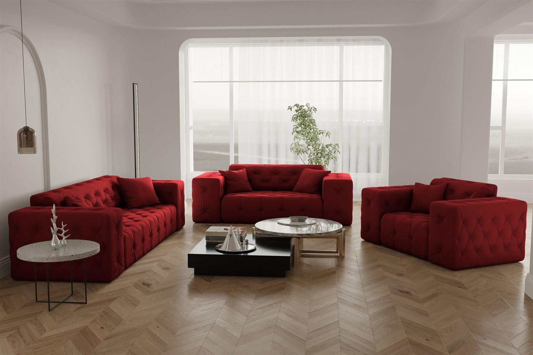 SOFASET Chantal - Rot, Holzwerkstoff/Textil (251/78/96cm) - Fun Möbel