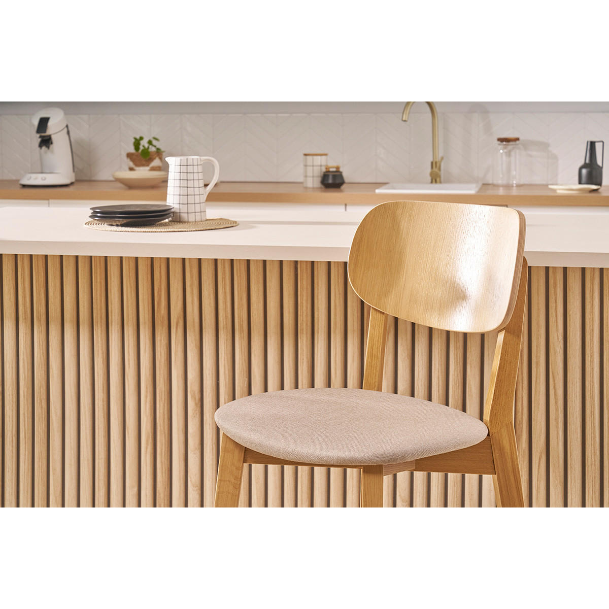 BARHOCKER Helles Holz Beiger Stoff H65 cm 2er-Set LUCIA - Beige, Holz (54/102/43cm) - Miliboo